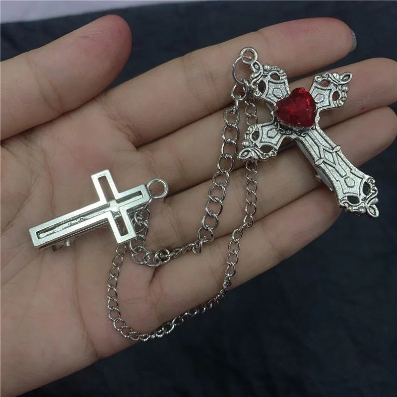 Y2K Fermaglio per capelli con catena a croce in cristallo punk per donna Uomo Camicia gotica Spilla Accessorio per abbigliamento Gioielli Regalo per feste