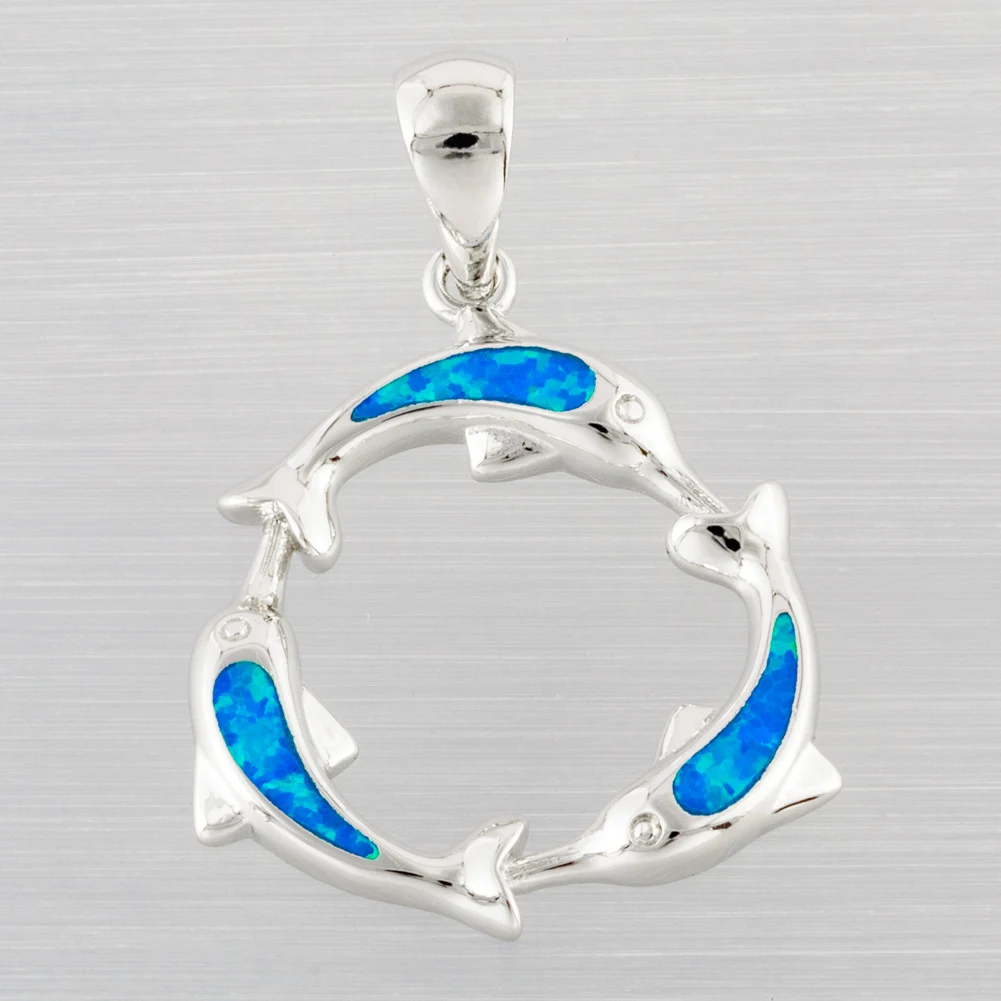 

KONGMOON Circle of Luck Dolphin Ocean Blue Fire Opal Silver-Plated Jewelry for Women Pendant for Necklace