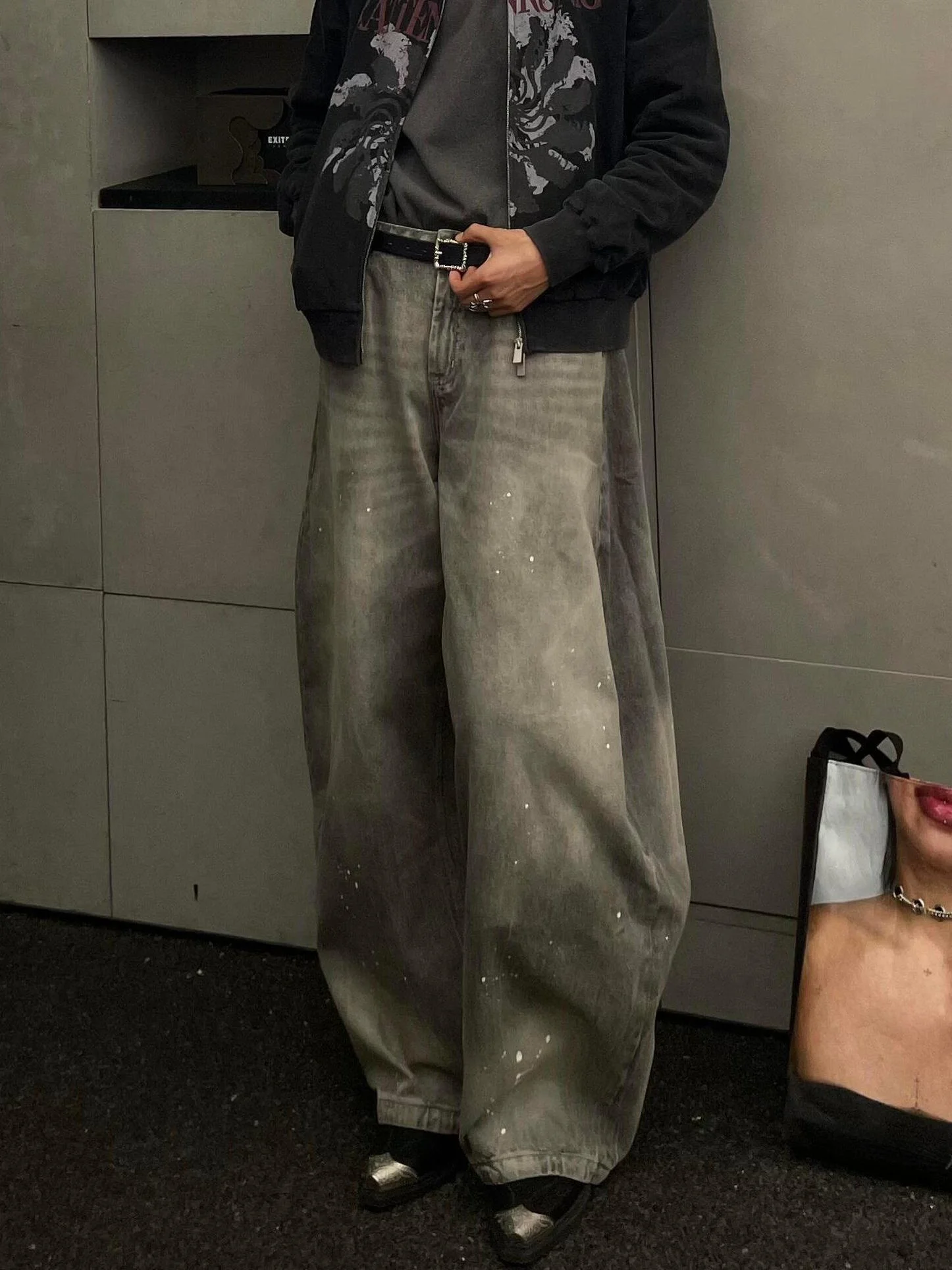 

American Vibe High Street Splashed Dot Washed Vintage Ash Grey Men's Loose Wide Leg Casual Knife Jeans