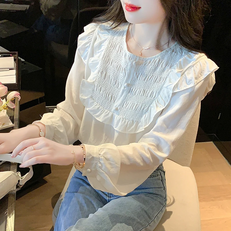 MadBlack-Damen-europäisches Hemd, sexy O-Ausschnitt, Rüschen, Patchwork, modische, langärmlige, lockere S-2XL-Bluse, 2026 Frühjahrsneuheit T5D810CC