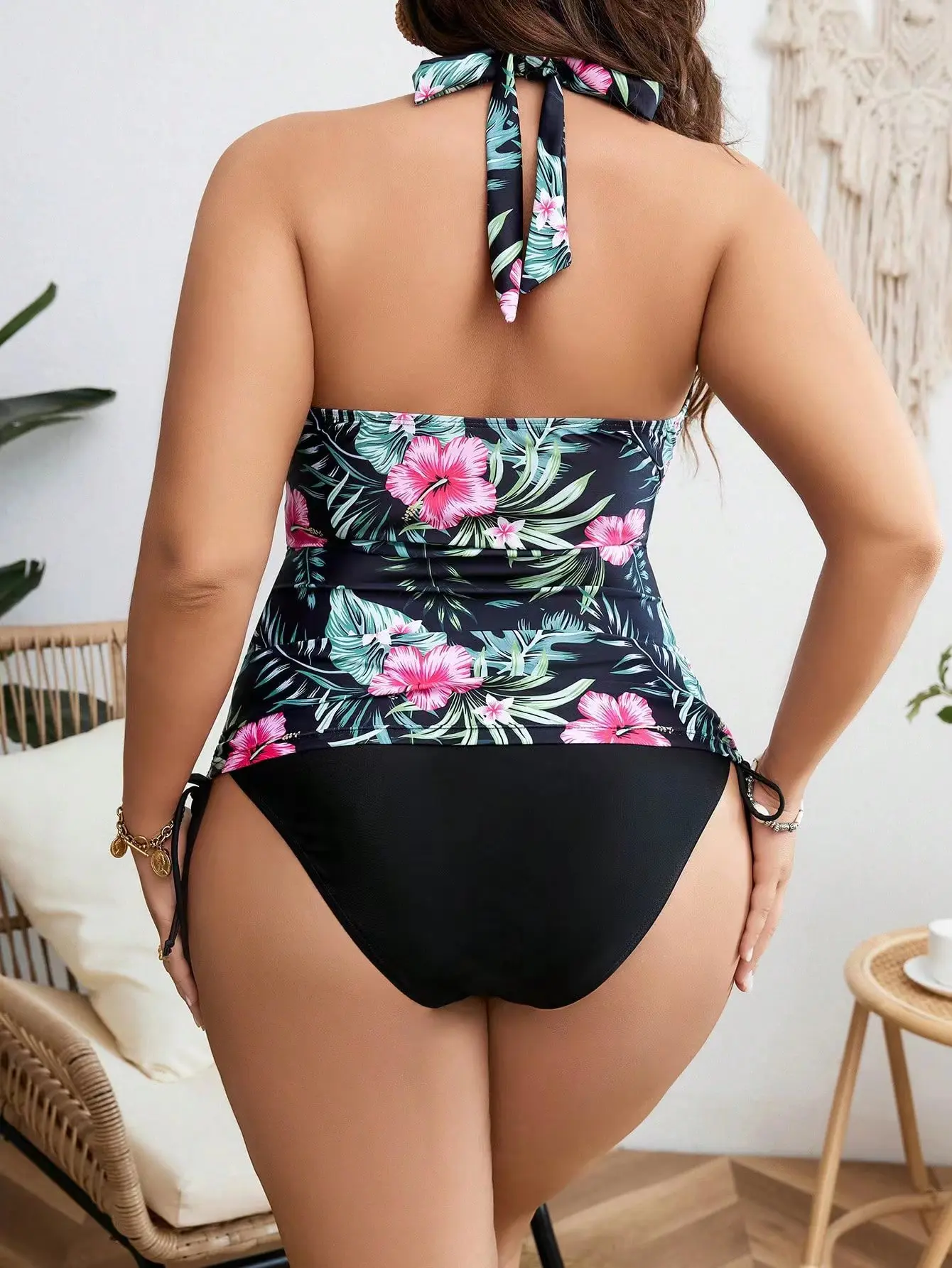 Bloemenprint Plus Size Eendelig Badpak Dames V-hals Backless Ruches Badpak Grote Buste Verstelbare Buikcontrole Badmode