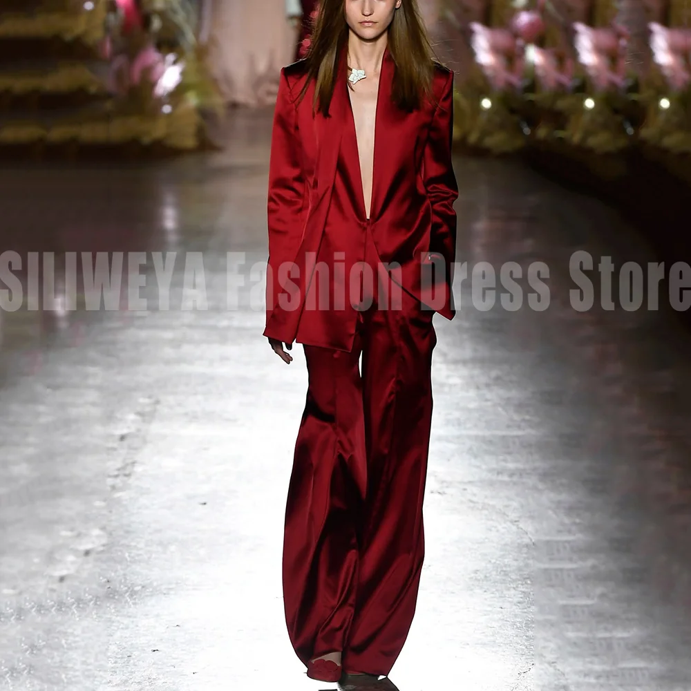 

Женский костюм из сатина глубокого красного цвета: блейзер и брюки с широкими штанинами, элегантный стиль, роскошный дизайн, премиум-качество, для офиса, 2 предмета