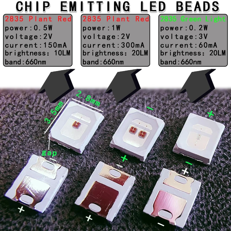 100PCS, 2835 SMD LED red color beads, red light 620nm beads, plant red 660nm beads, green light 520nm beads, chip emitting.