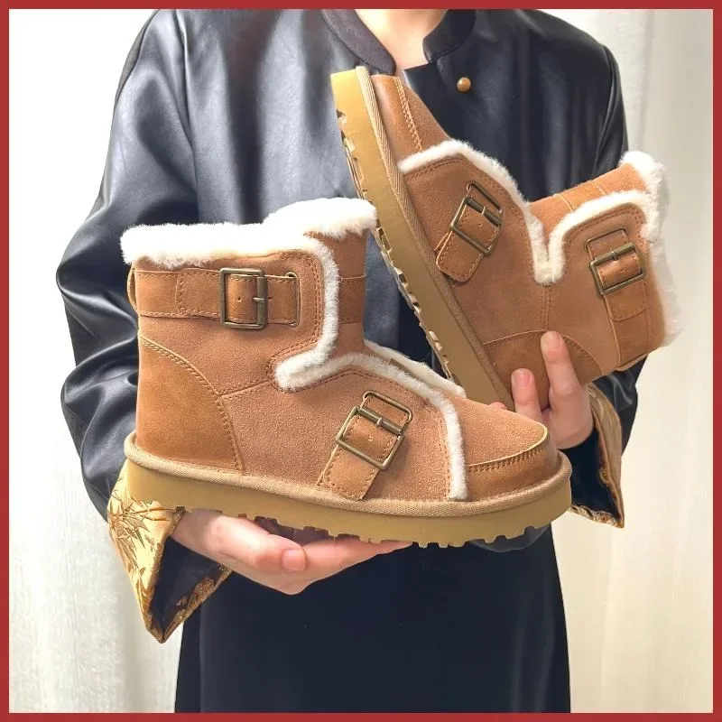 Motorcycle snow ground women boots made of pure sheepskin and wool with thick insulation versatile and fashionable women's boots