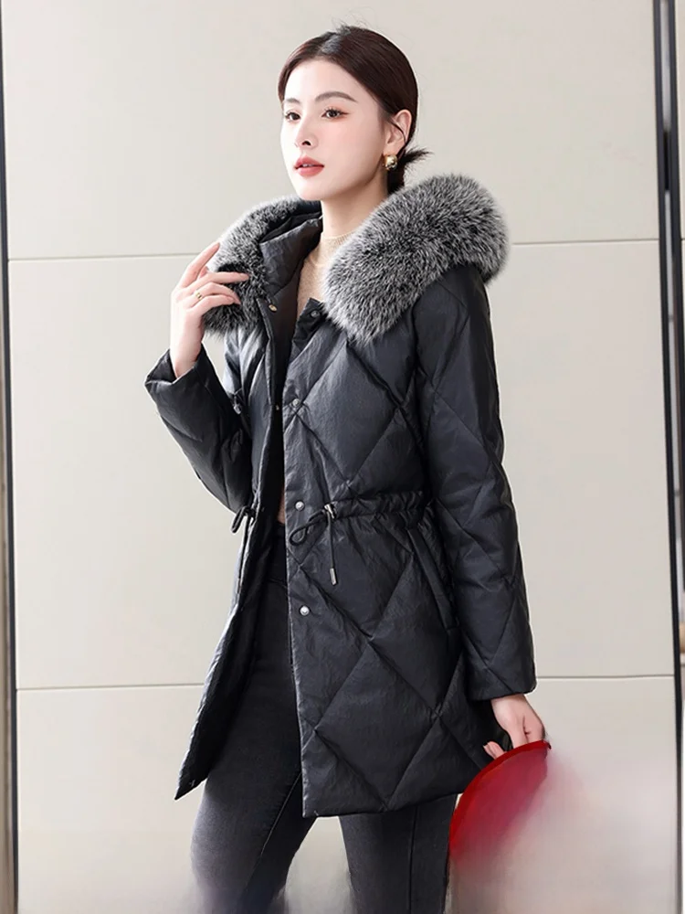 

Haining Genuine Leather down Jacket Women's Mid-Length Thickened Winter New Style Sheepskin Coat Fur Collar Fur Coat