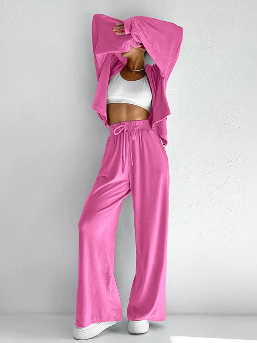 New pink velvet hoodie set for women 2024 Autumn winter coat trousers sports casual two-piece set