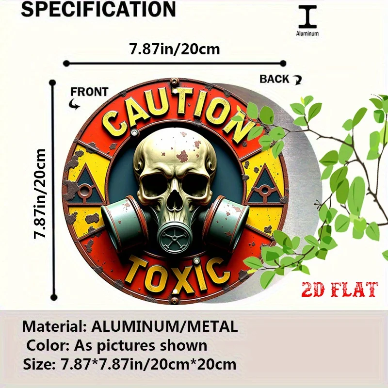 [2D Flat] 1pc Vintage Metal Skull & Gas Mask Wall Art - 7.8x7.8 Inch Round Sign with 