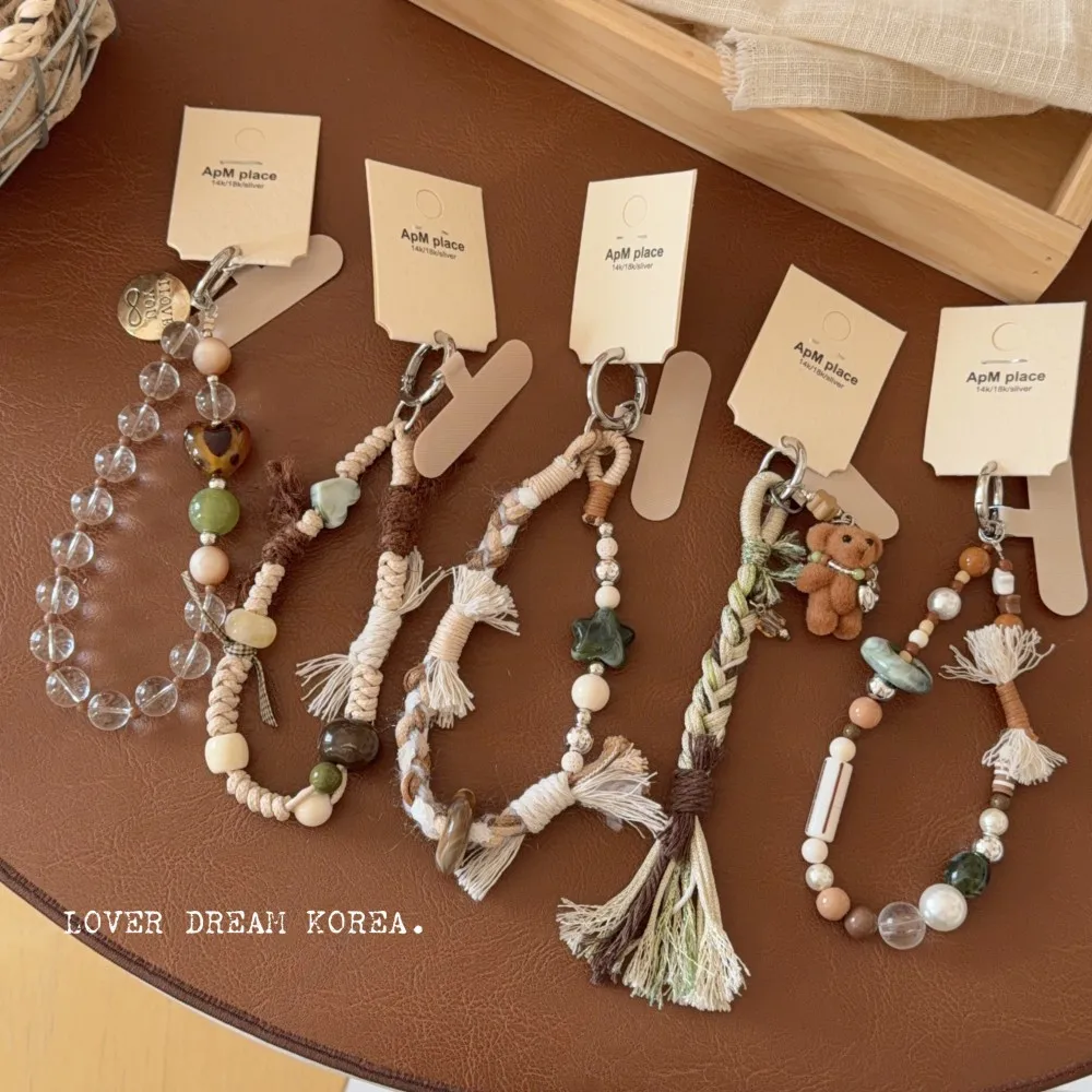 Retro bow Maillard color contrasting tassel bag hanging keychain bag pendant mobile phone accessories