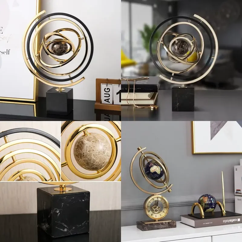 Light Luxury Modern Semi Handmade Metal Copper Marble Sphere Geometric Pattern Home Decoration Office Desktop Ornament