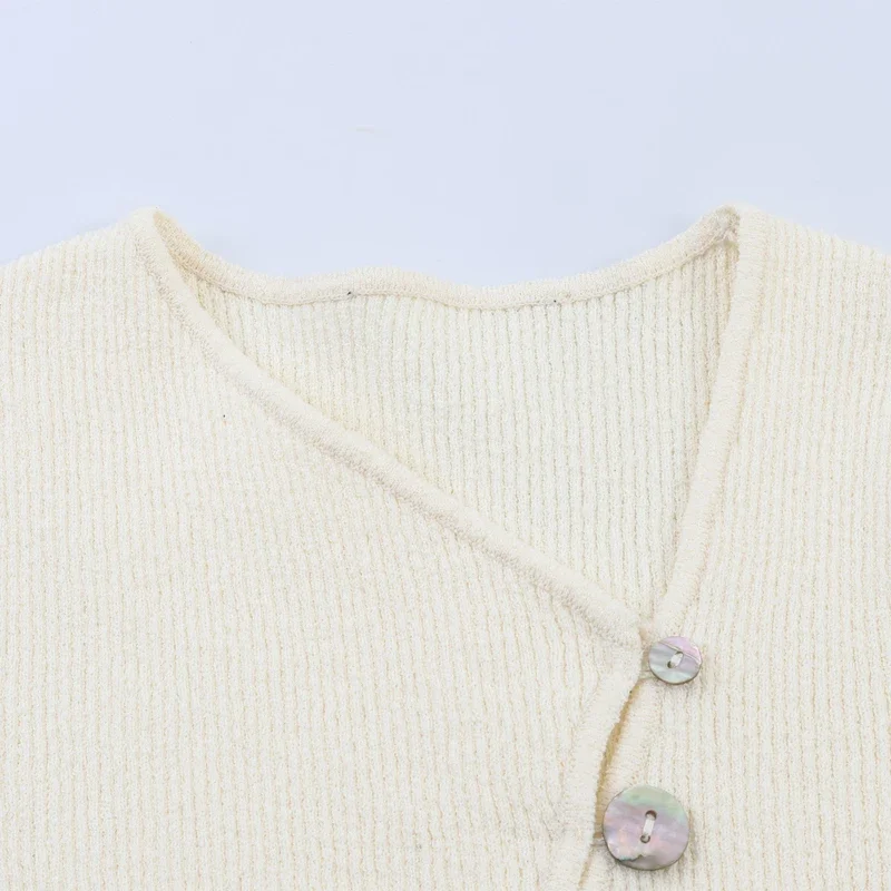 Women Ribbed Short Cardigan Diagonal Silver Shell Button Long Sleeve Irregular Neck Slim Knit Coat Daily Casual Sweater