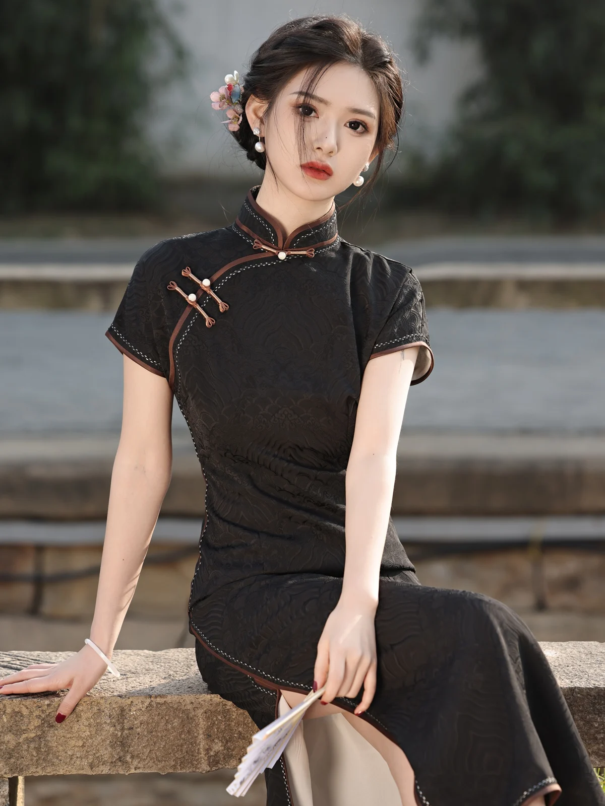 Young Elegant Lady Style Black Jacquard Cheongsam Spring/Summer New Chinese Short Sleeve Daily Wearable Dress