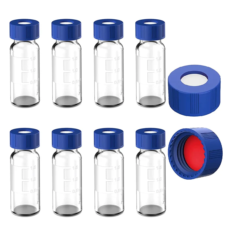 A98U 2ML Autosampler Vials Pack Of 100 - HPLC Vials 9-425 Clear Vials with Blue Screw Caps,Red White Septa