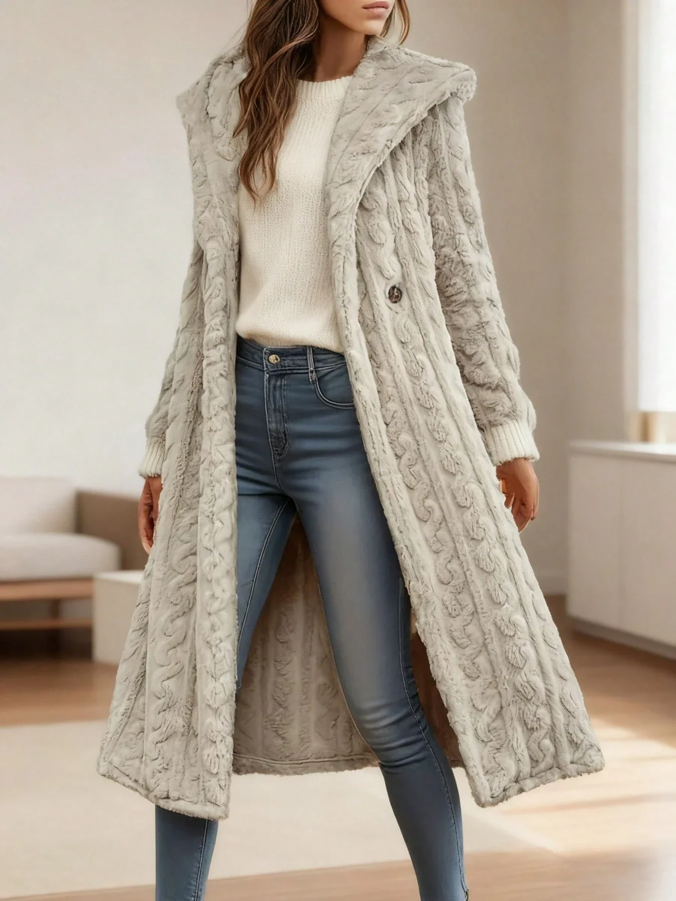 

Women's Hooded Faux Fur Knit Overcoat Long Warm Winter Coat Casual
