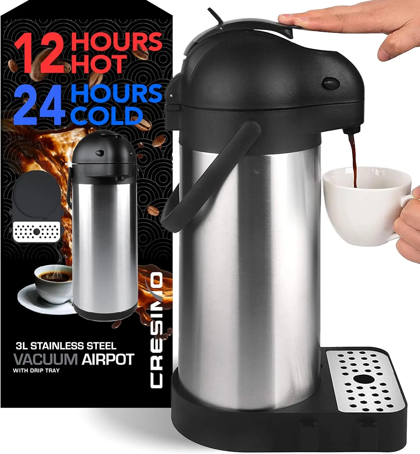 Coffee Dispenser with Pump & Tray - 101oz/3L Coffee Carafe with Pump - 12 Hours Hot Coffee Dispenser for Parties -Coffee