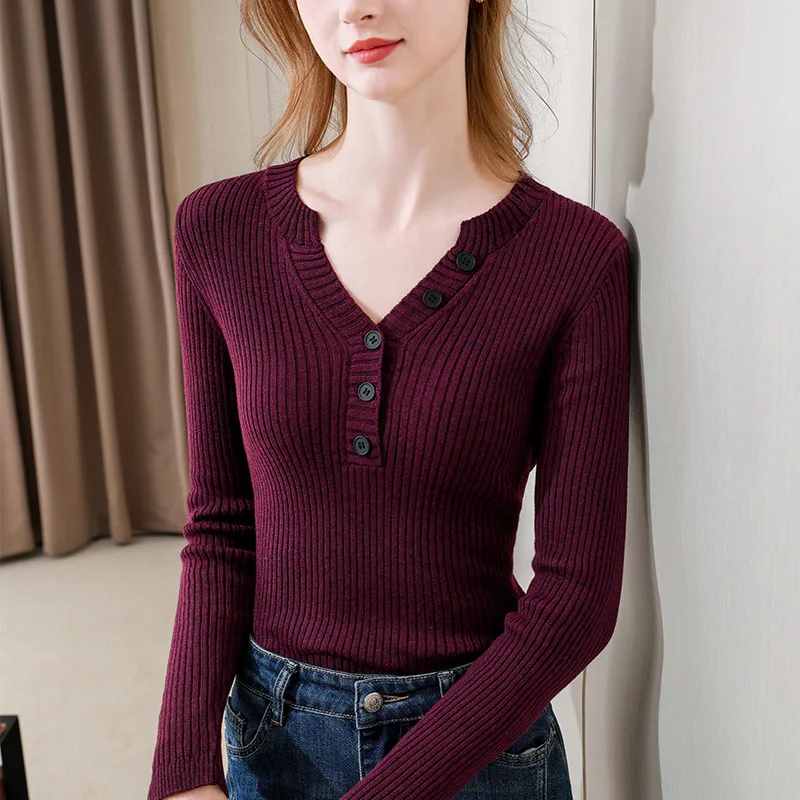 

Ribbed Knit Base Shirt Women2025New women's solid color round neck button pullover sweater, loose-fitting inner top