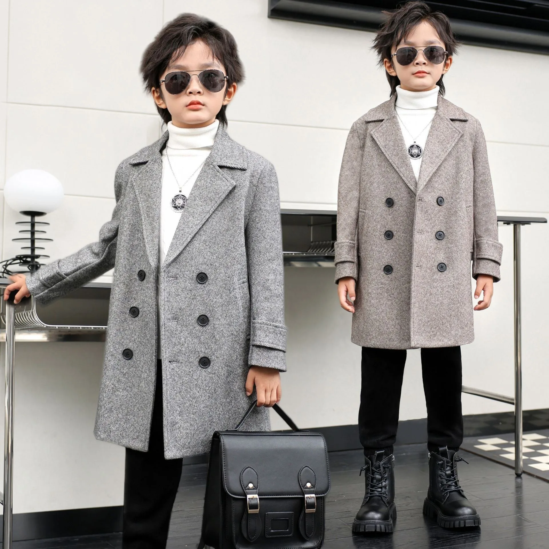 

Boys Winter & Fall Chesterfield Double Breasted Coat Kids Solid Velvet Houndstooth Thick Woolen Jacket Toddler Casual Overcoat