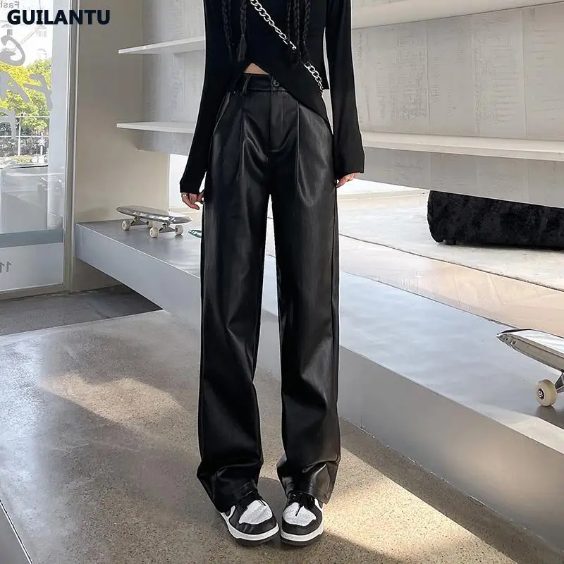 

2024Suit Pu Leather Pants Women Black Fashion Hight Waist Straight Wide Leg Trousers Autumn Winter Loose Streetwear Faux Leater