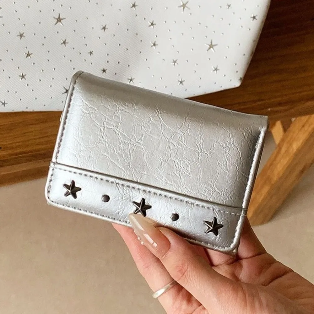 PU Star Rivet Trifold Wallet Compact Size Ultra Thin Card Holder Solid Color Large Capacity Cash Wallet Portable Carry