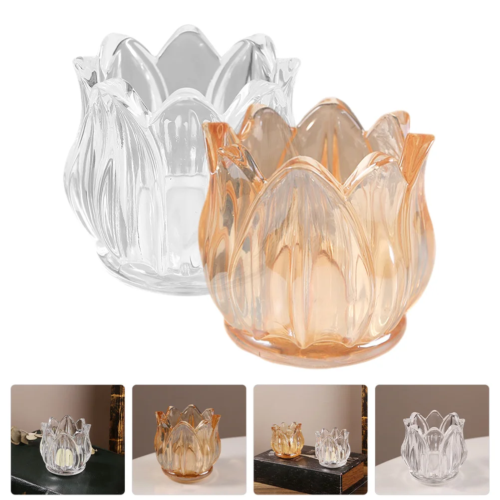 

2Pcs Glass Holder Tulip Flower Design Clear Glass Candlestick for Tea Light Pillar Candles Home Wedding Party Decor