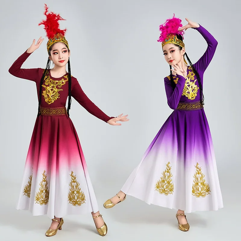 Trajes de baile étnicos chinos de Xinjiang, vestido de baile minoritario para niñas, trajes de baile puesta en escena uigur