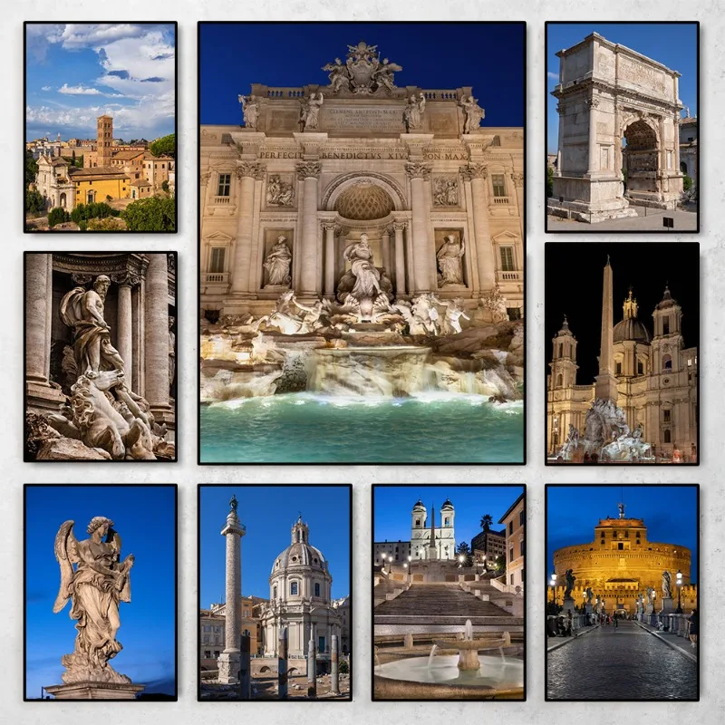 Famous Roman Beautiful Building Posters The Trevi Fountain Angel Statue Canvas Painting Wall Art for Hotel Room Home Decor