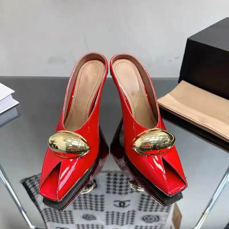 

Women's Shoes Leather Peep Toe Mules Metal Decor High Heel Slippers 2026 Trendy Elegant Slip-On Heeled Women's Sandals Zapatos
