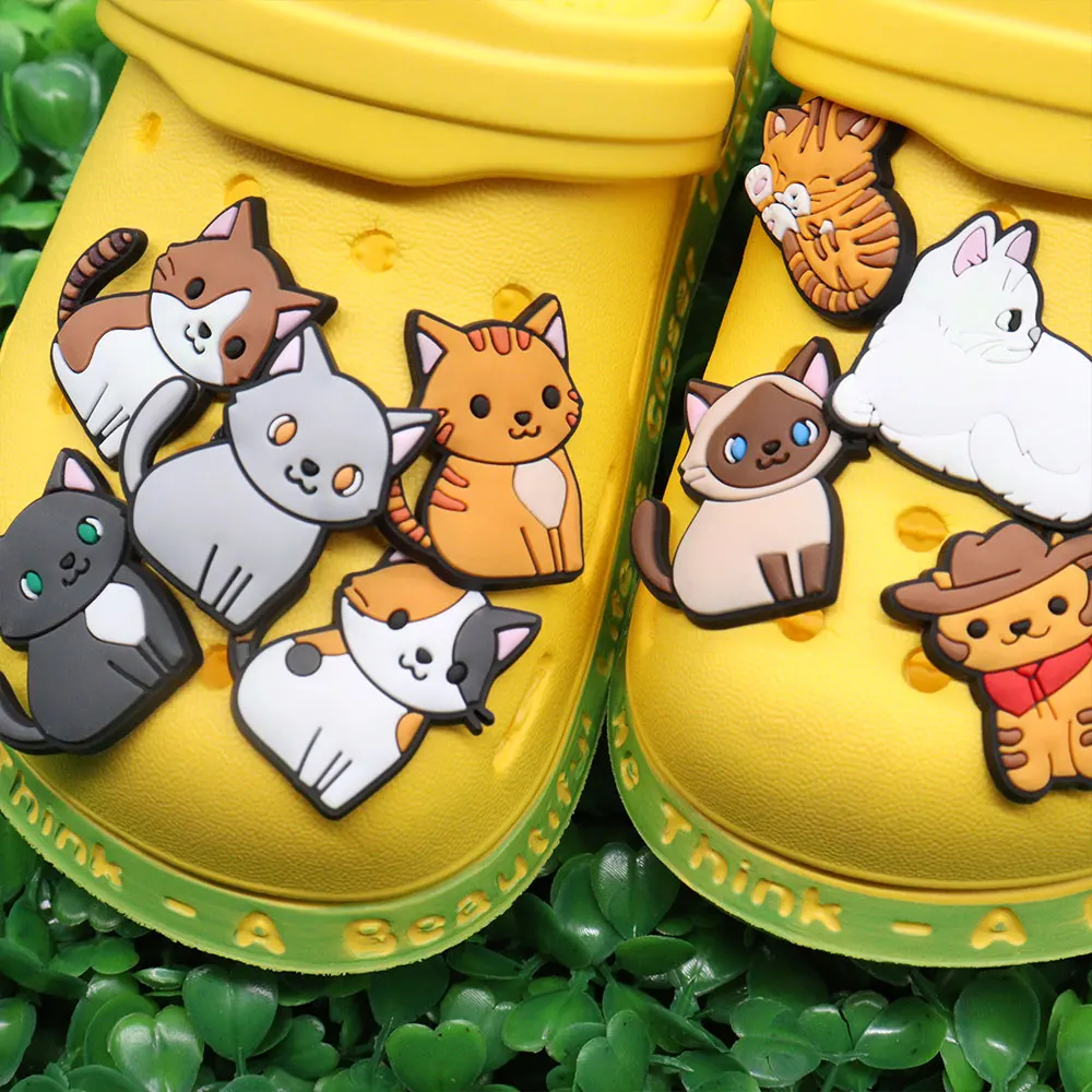 1-9PCS PVC Kawaii Animal Shoe Charms Fit Wristbands Cat Sandal Shoes Decoration Buckle Hole Slipper Accessories Xmas Gift