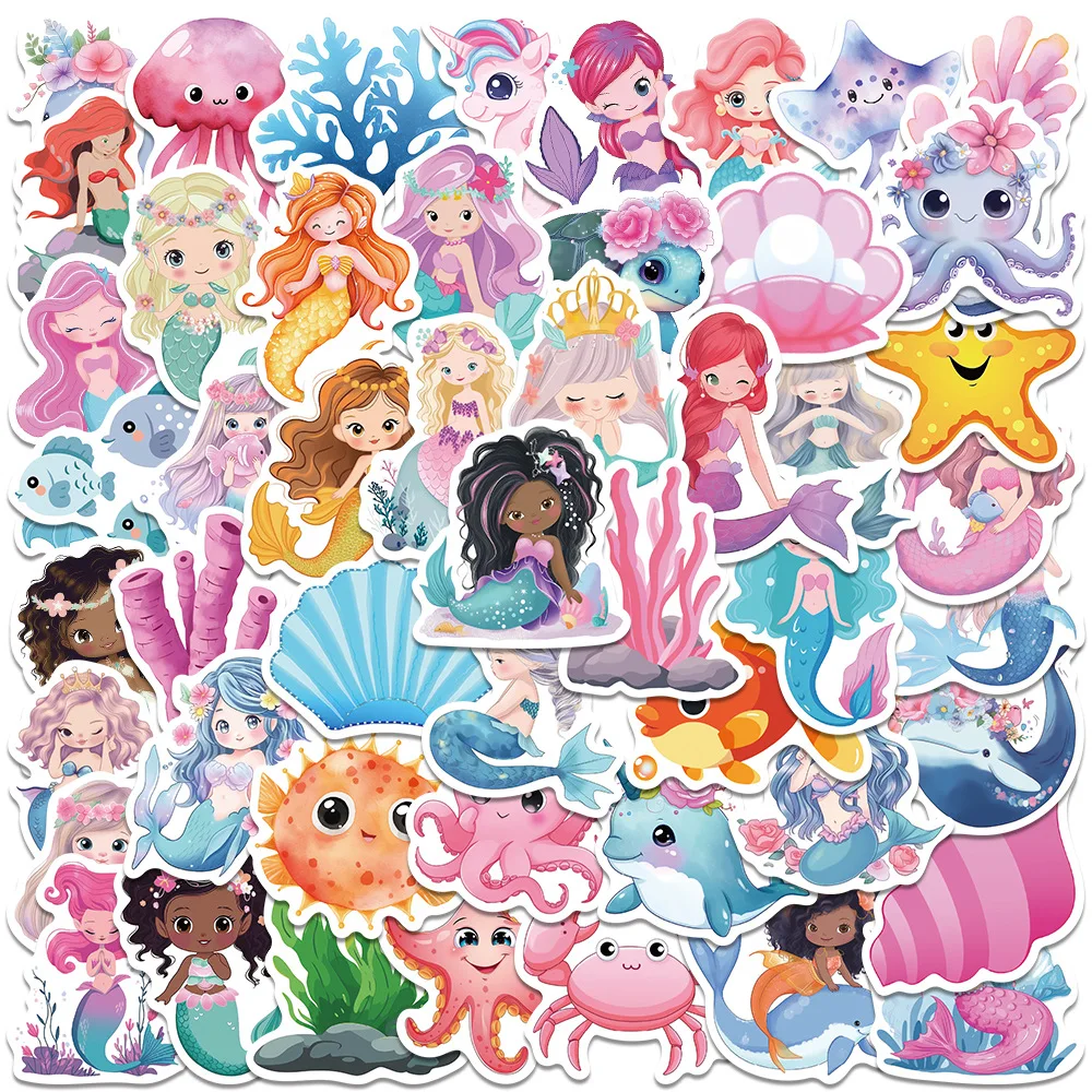 50PCS Cartoon Sea Animal Mermaid Aesthetic Stickers Graffiti Decals Scrapbooking Laptop Phone Sticker for Kids Girls