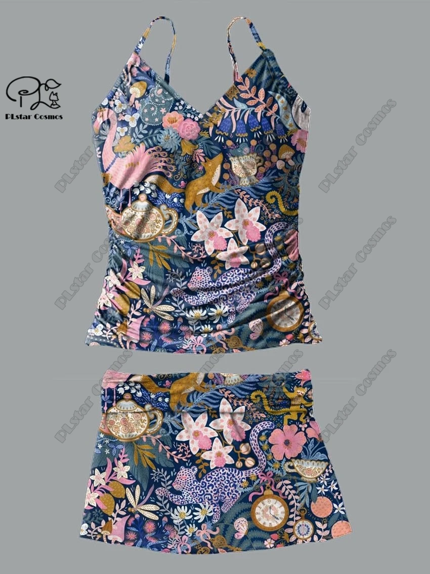 Women's V-neck summer flamingo flower 3D printed suspender skirt style two-piece swimsuit suit holiday travel new swimsuit H-1