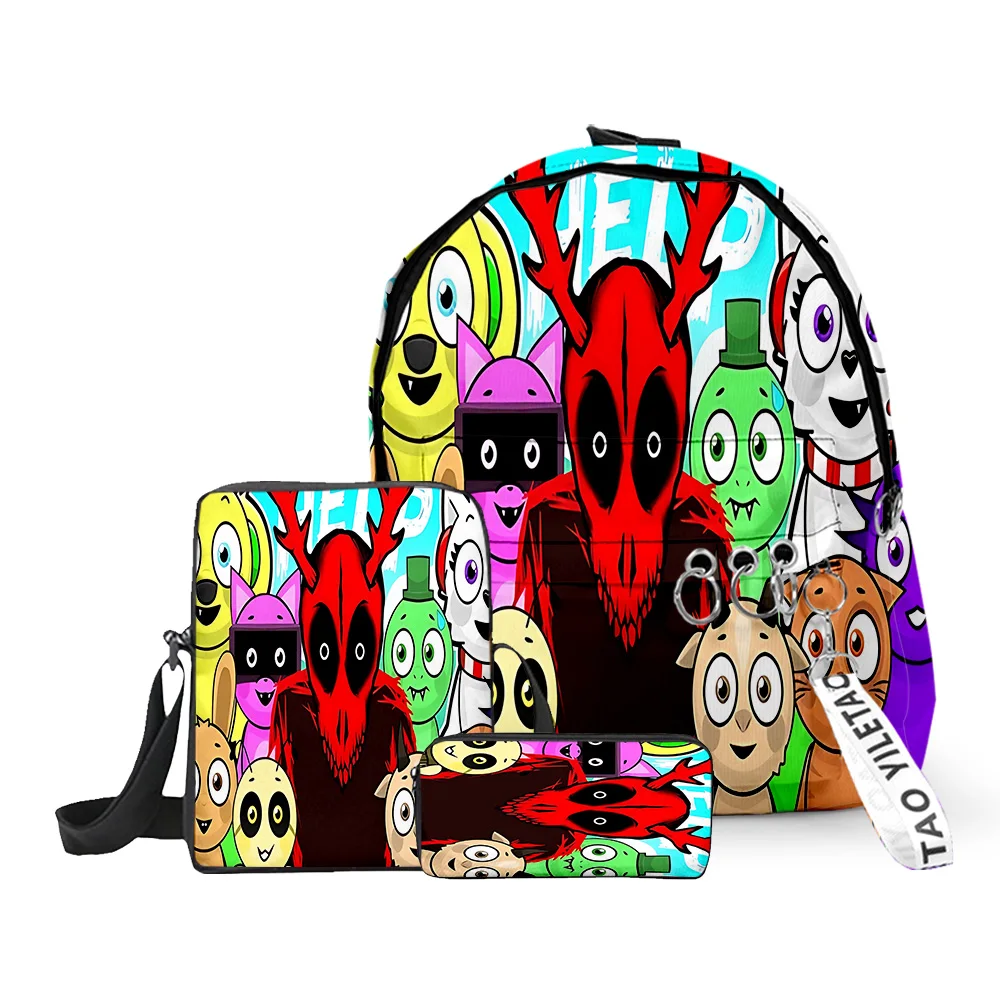 

Harajuku Popular Sprunki 3D Print 3pcs/Set pupil School Bags Oxford Key Chain Backpack Inclined shoulder bag Pencil Case