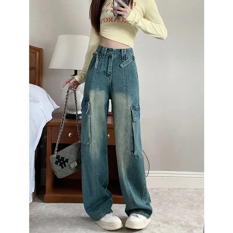 

American Style Jeans Women's New Niche Loose Jeans Retro Retro Tooling Straight High-Waisted Trousers Wide-Leg Pants