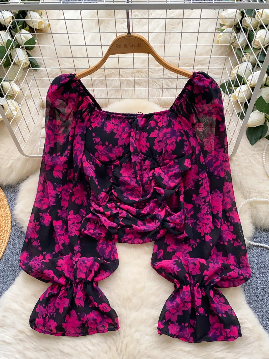 

Женские шифоновые рубашки с фиолетовым квадратным воротником и цветочным принтом, блузки Y2k, винтажный элегантный топ 2000-х годов, укороченная рубашка с длинными рукавами, осень