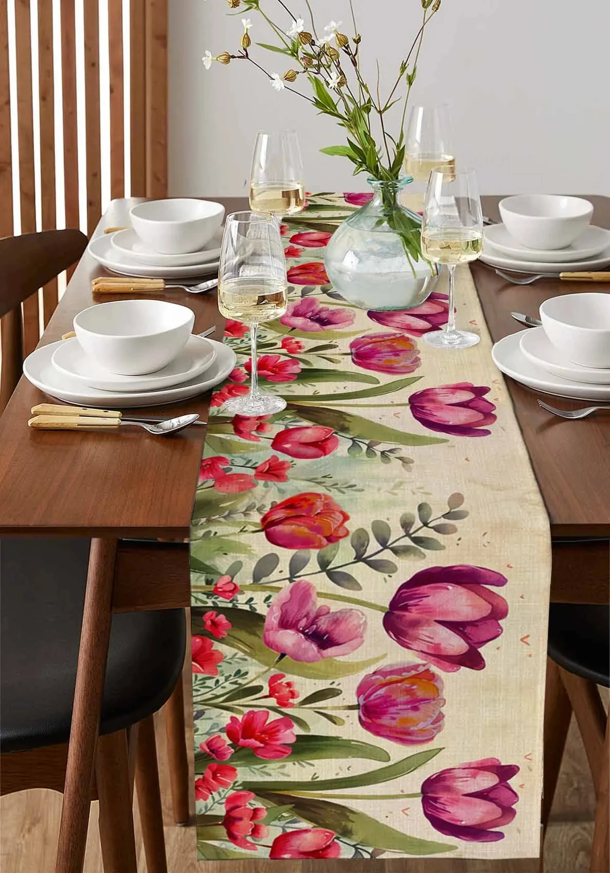 Spring Flower Tulip Leaf Flower Linen Table Runners Summer Floral Dresser Scarf Table Decor Holiday Wedding Party Dinners Decor