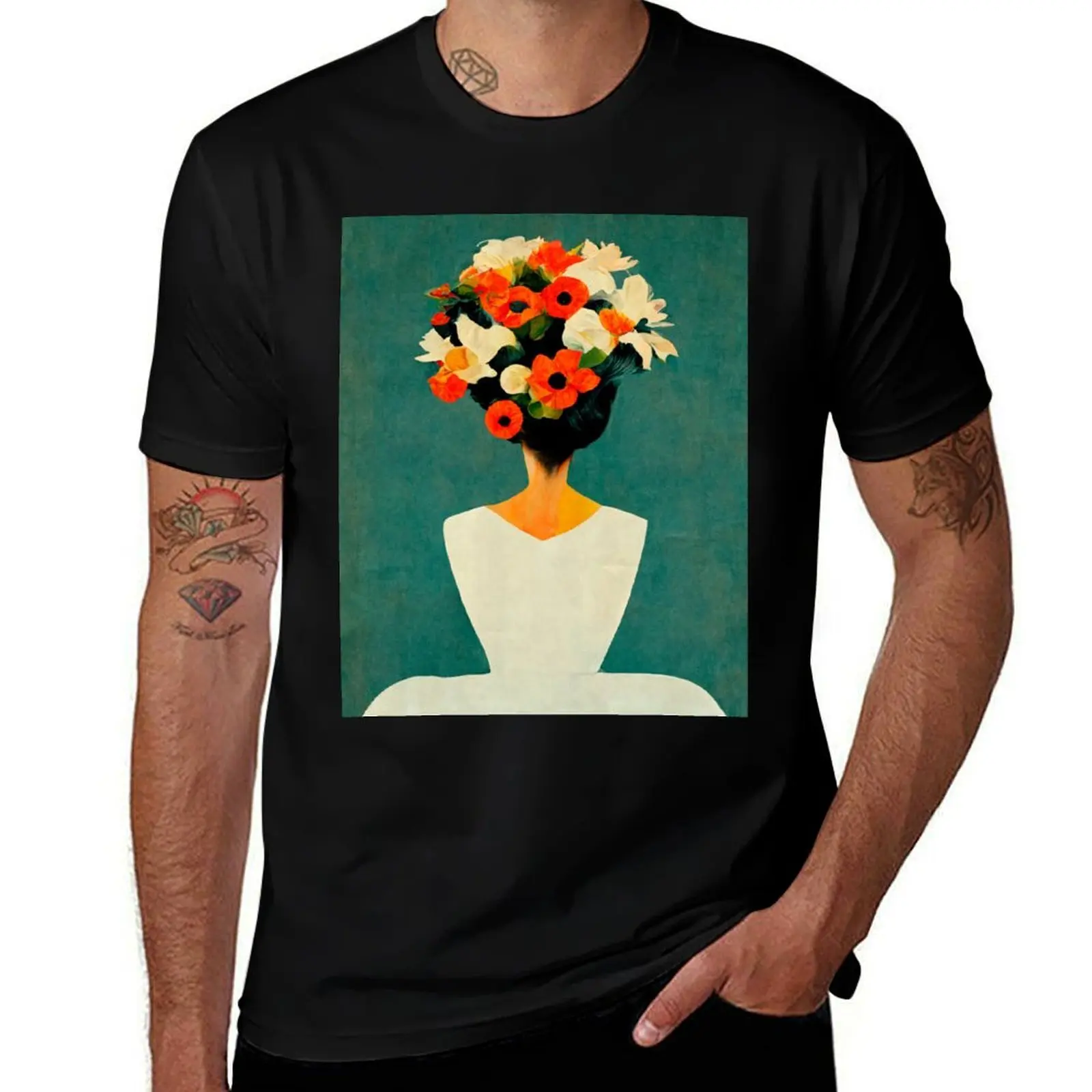Silueta de una mujer con flores en la cabeza Camiseta Casual de Halloween