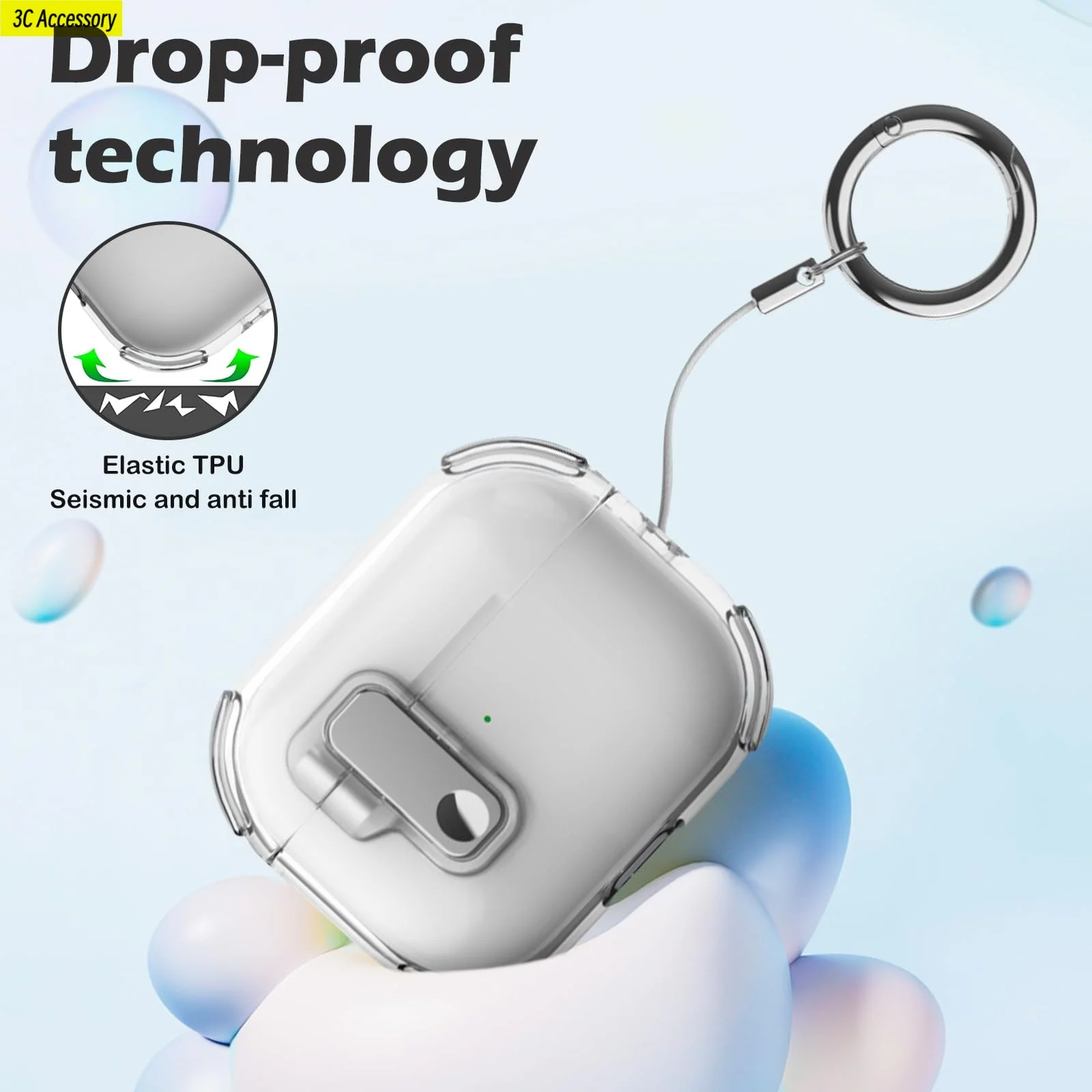 Custodia per AirPods 4 2024 Design con blocco sicuro Coperchio ribaltabile automatico TPU Paraurti traslucido Custodia antiurto per AirPod4 Pro con moschettone