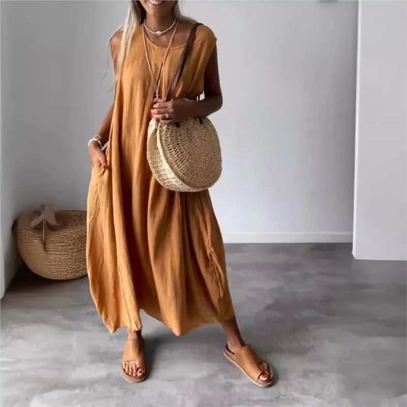 Summer Dress Casual Loose Long Dress Women's Cotton Linen Pocket Long Sleeveless Dress Women's Summer Pullover Dress