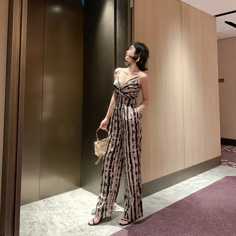 Pantaloni sexy in V in un unico pezzo Pantaloni estivi da donna con stampa leopardata liscia Dra a gamba larga Casual a vita alta in fibra di poliestere