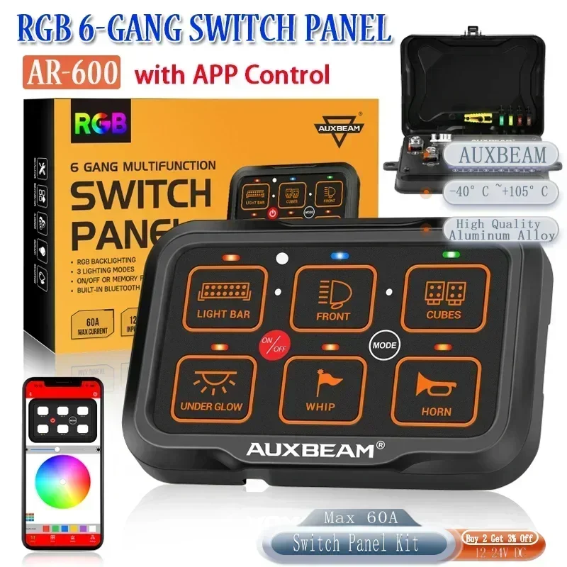 Auxbeam Universal AR-600 RGB 6 Gang Switch Panel with App Control (One-Sided Outlet) 60A Max Current DC 12-24V -40°C - +105°C