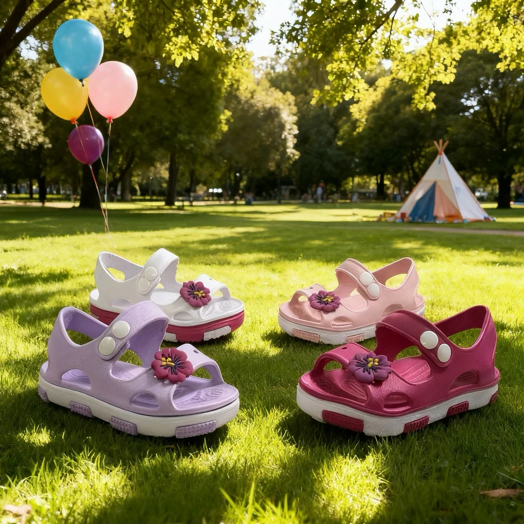 

Girls Multi-Color Sandals with Flower Decor Velcro Strap Hollow Out Thick Sole Summer Outdoor Toddler Shoes