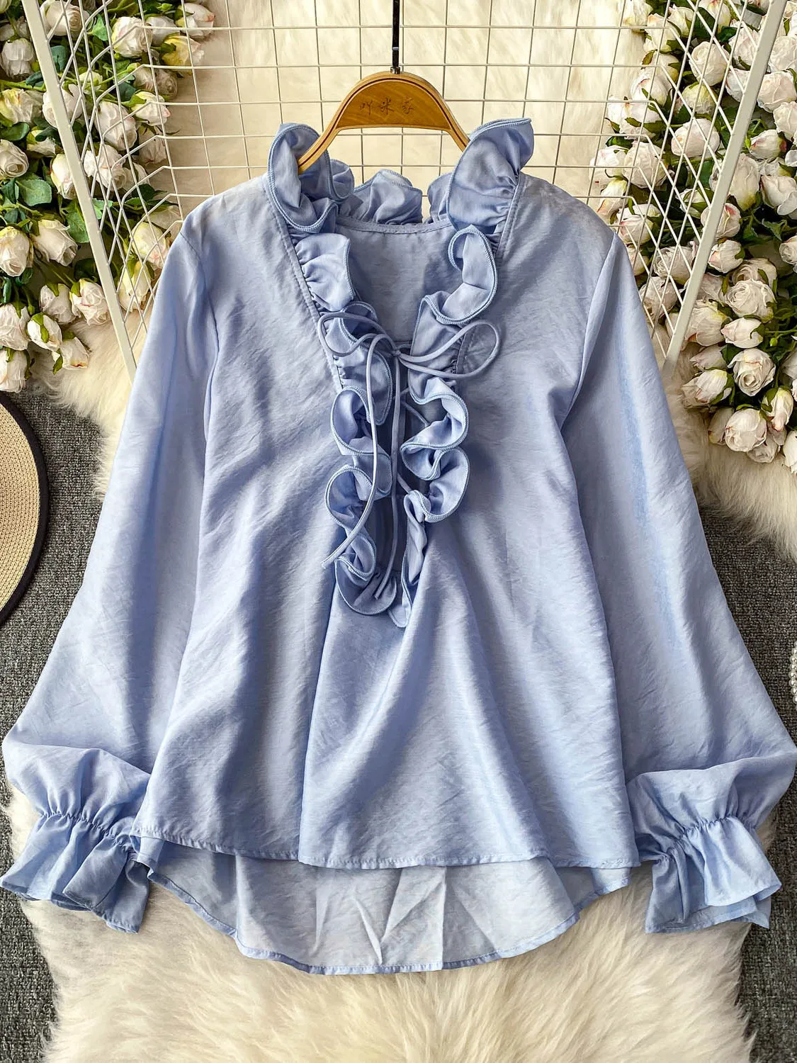 Pure Desire-Cseta Sexy de manga larga con cuello en V y ribete de encaje 3D para mujer, Top de gasa fino y hoado, estilo...