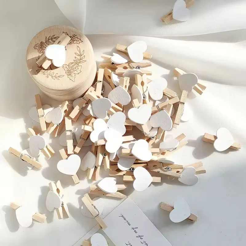 50 Stück weiße Herz-Liebes-Holz-Wäscheklammern, Mini-Wäscheklammern, Postkartenklammern, Heim- und Hochzeitsdekoration, Schreibwaren – Detail 2