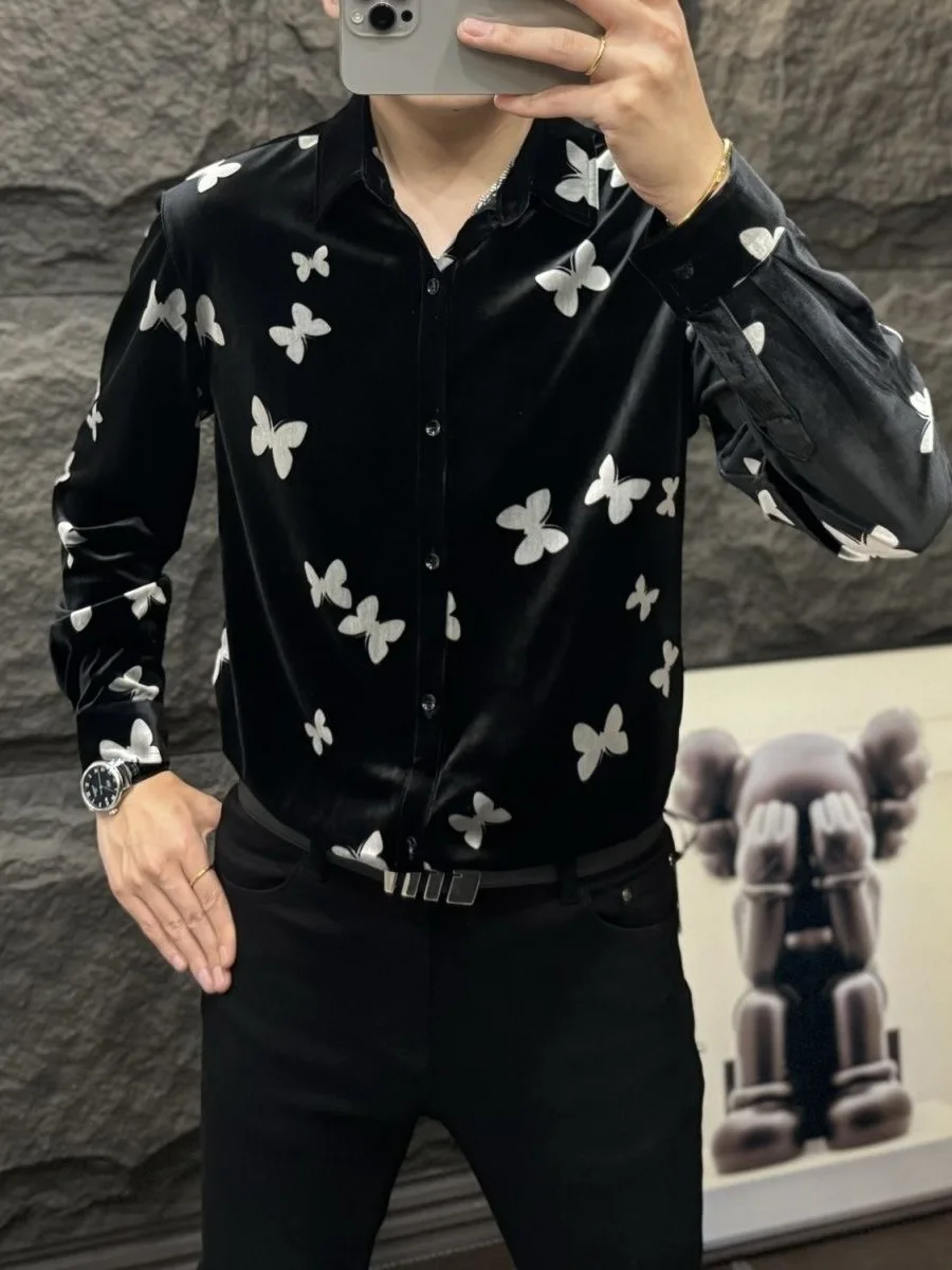 

Мужская черная бархатная рубашка с принтом, модная новинка весеннего сезона, приталенный крой, длинный рукав, повседневный стиль, молодежная мода