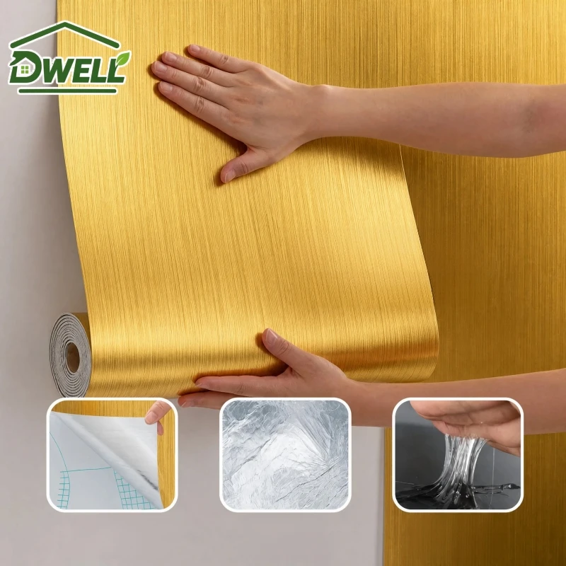 Self Adhesive Gold Wallpaper Textured Metallic Wall Covering Decorative Contact Paper for Home Interior Wall Renovation 3M/roll