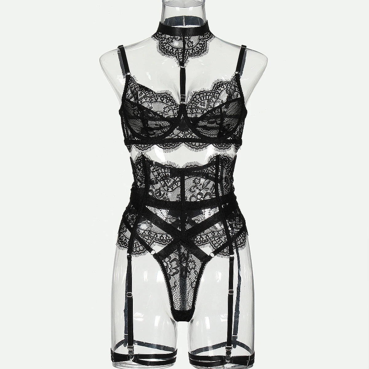 MUZISKAT 2024 New Lace Splicing Body Shaping Erotic Suit See-Through Neck Sexy Lingerie Four-Piece Set