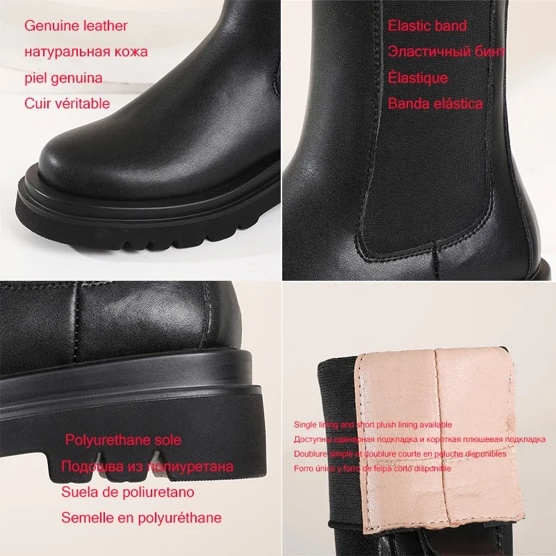 Womens Chelsea Boots Genuine Leather 2022 Lug Platform Chunky Heel Goth Female Black Shoes Brand Designer Handmade Big Size 42