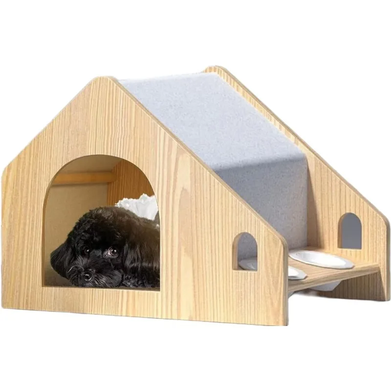 

Solid patterned wooden pet house with raised feeder interior cat furniture and small padded dog and cat kennel