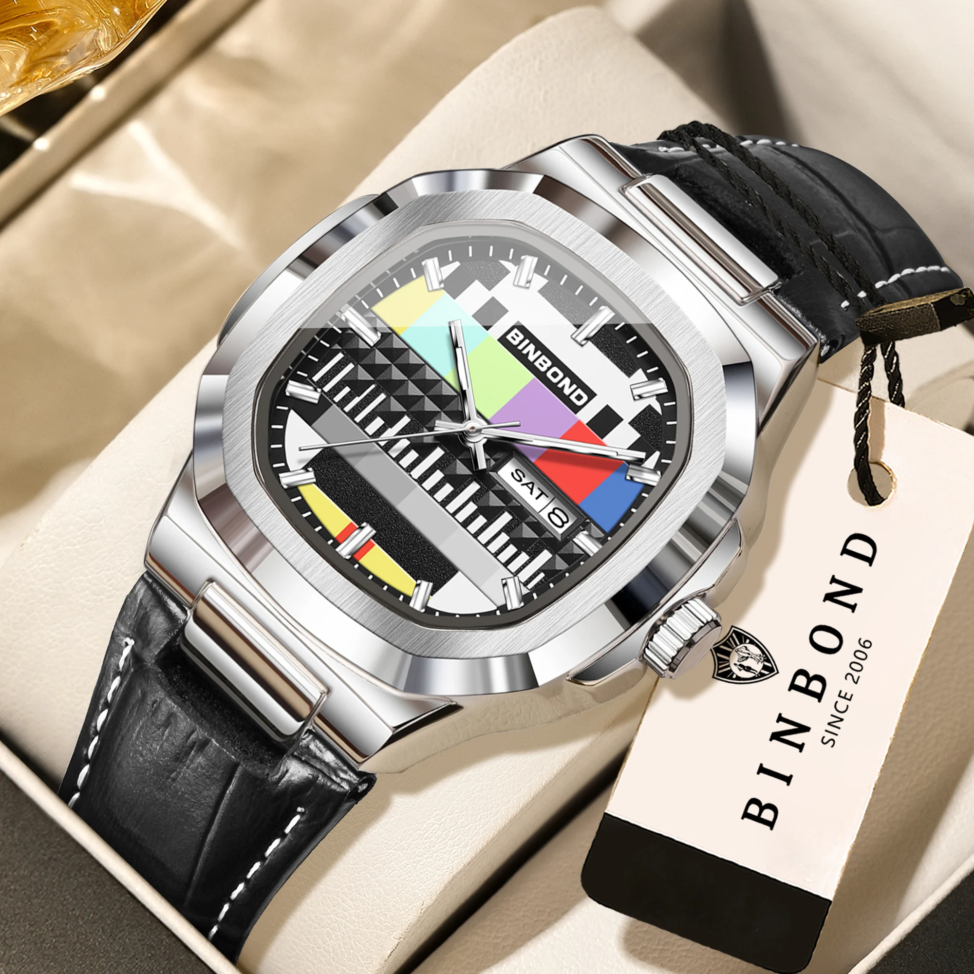 

BINBOND TV memory quartz watch for men luxury auto day week display luminous waterproof men's watch sturdy accurate reloj