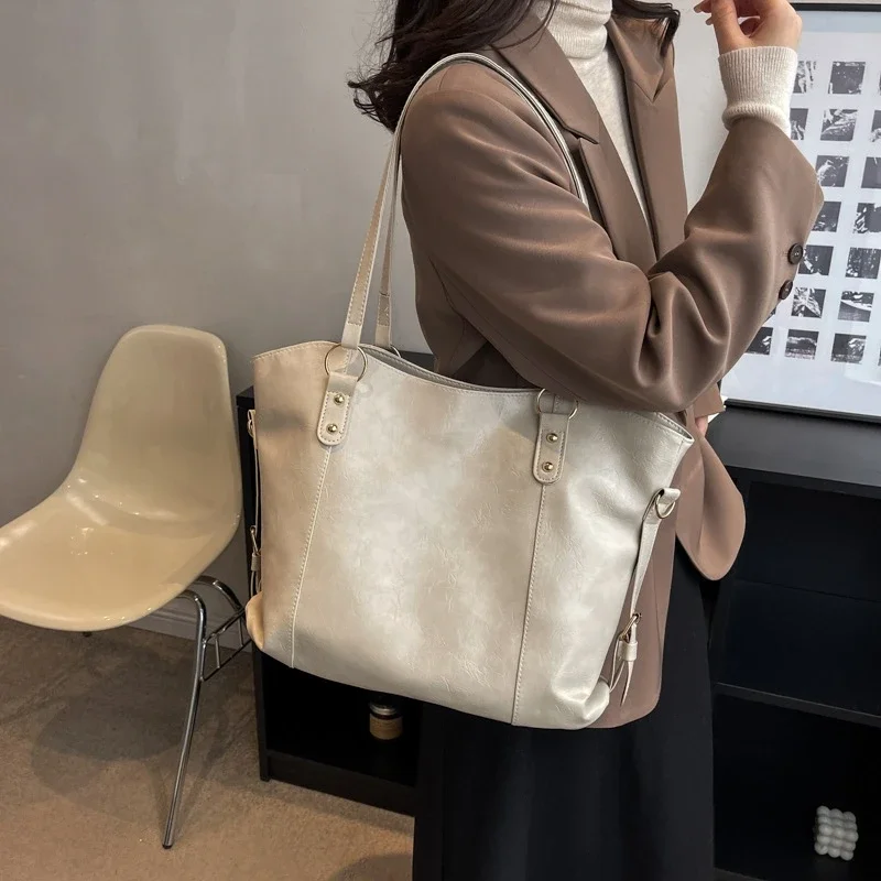 

Pu Leather Vintage Women's Tote Handbags Solid Color Simple Ladies Shoulder Bags Large Capacity College Female Crossbody Bag