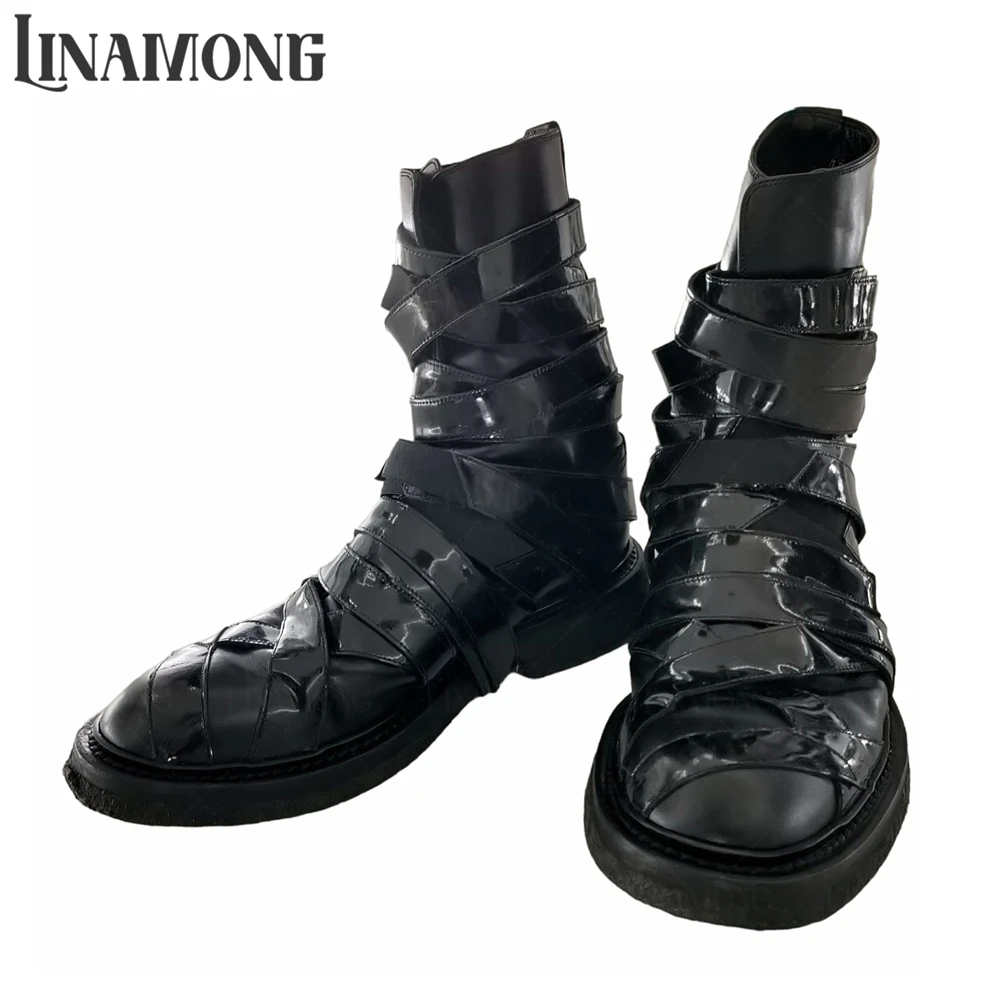 

Patent Leather Strapped Boots Designer Style Luxury Handcrafted Boots Multiple Straps Concealed Buckles Genuine Leather Boots