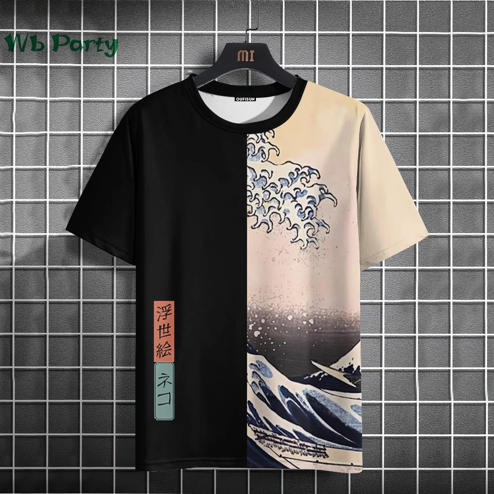 Japanese Style Men\'s T-shirt Ukiyo-E Sea Wave Pattern Printing Men T-shirt Simple Print Male T-shirt O-Neck Men\'s Summer Clothes